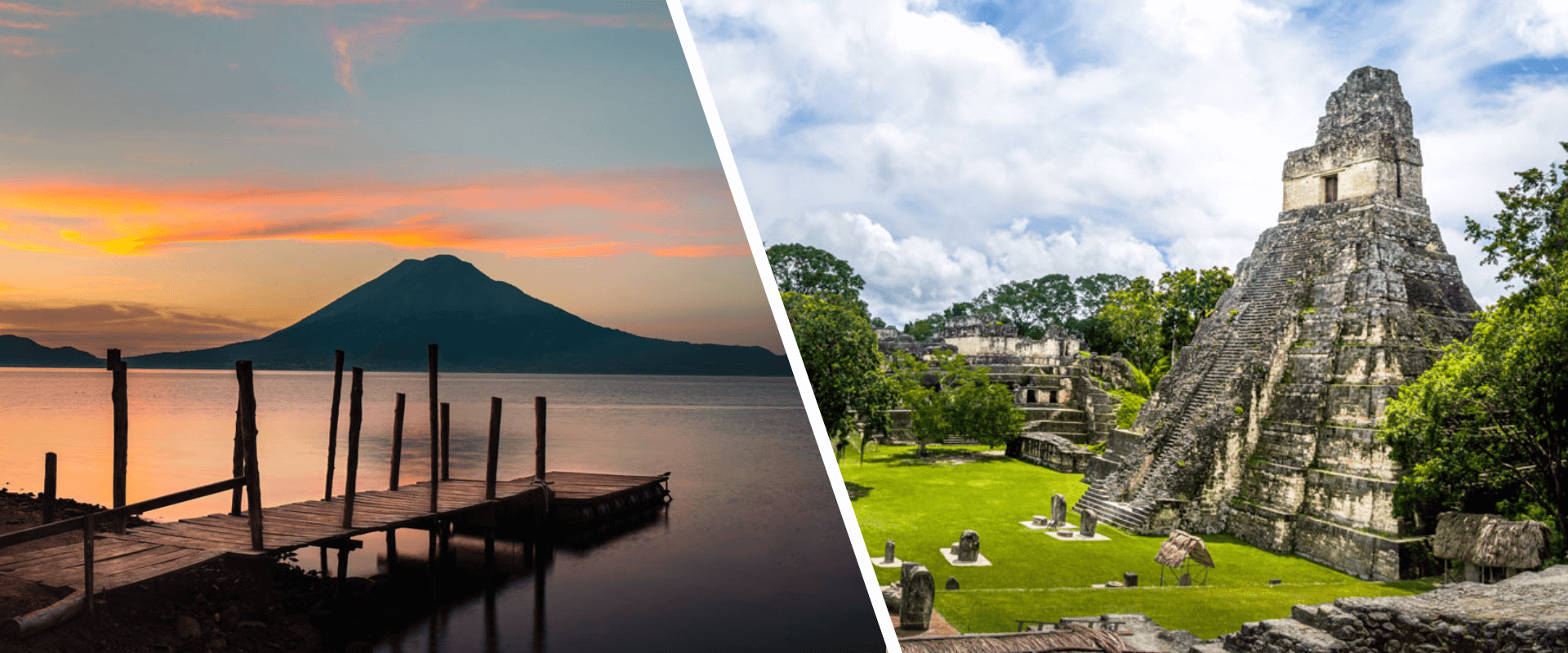 Amanecer en el Lago de Atitlán y templo maya de Tikal, destinos imperdibles para visitar durante la independencia Guatemala.