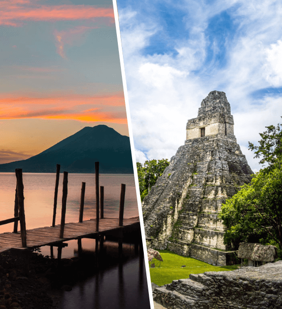 Puesta de sol en el Lago de Atitlán y el imponente templo maya de Tikal, símbolos culturales para explorar durante la independencia Guatemala.